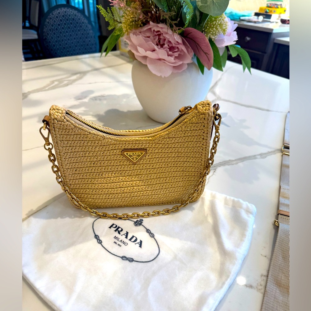 Prada Raffia Re-edition Gold Crossbody Bag